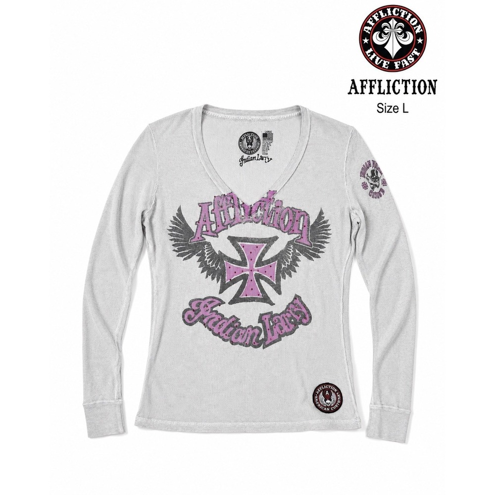 Affliction Indian Larry Thermal Top Womens L Gray Pink Rhinestone Y2K Biker